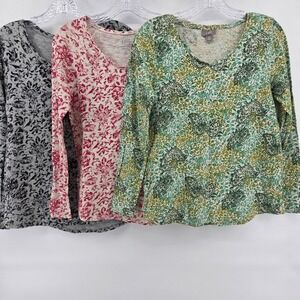 J Jill Top Bundle XS Petite Red Green Cotton Blend Long Sleeve Tee Boho Western